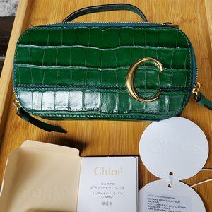 100% authentic CHOLE Calfskin Crocodile Embossed Mini C Vanity Bag Woodsy Green
